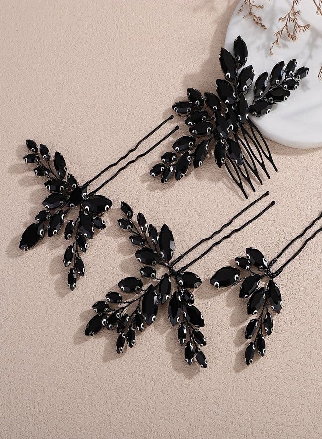 Xerling Wedding Hair Comb Black Rhinestone Hair Pins Brides Bridal Hair Jewelry Accessories Women Headpieces for Prom Party Festival 4Pcs (Black) - Image 3
